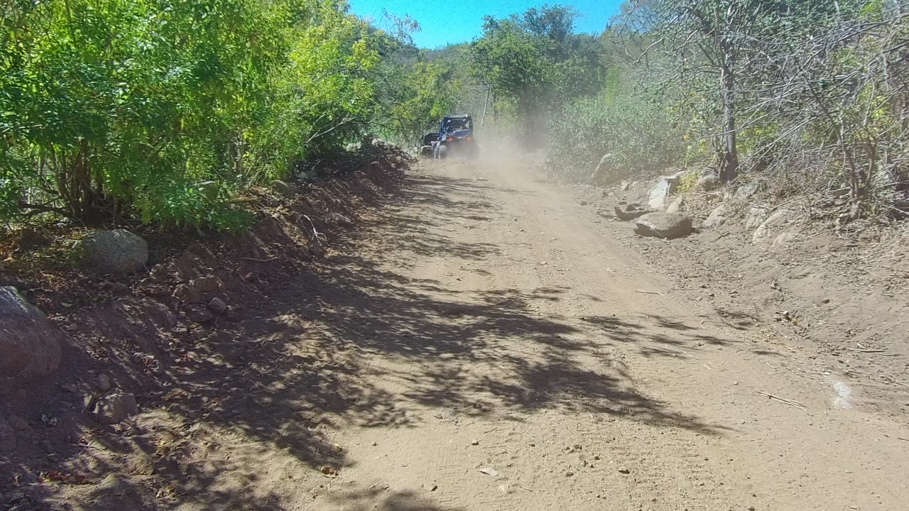 A small off-road vehicle drives away on a dusty dirt road in Los Cabos, with rocks along the track, green brush on both sides, and no visible people.
