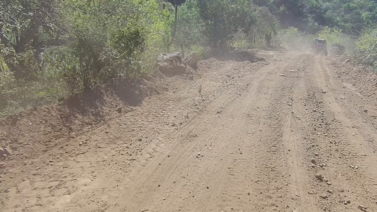 Wide view of a rutted dirt road in Los Cabos, Baja California Sur, Mexico, with a small vehicle receding into dust and no visible people.