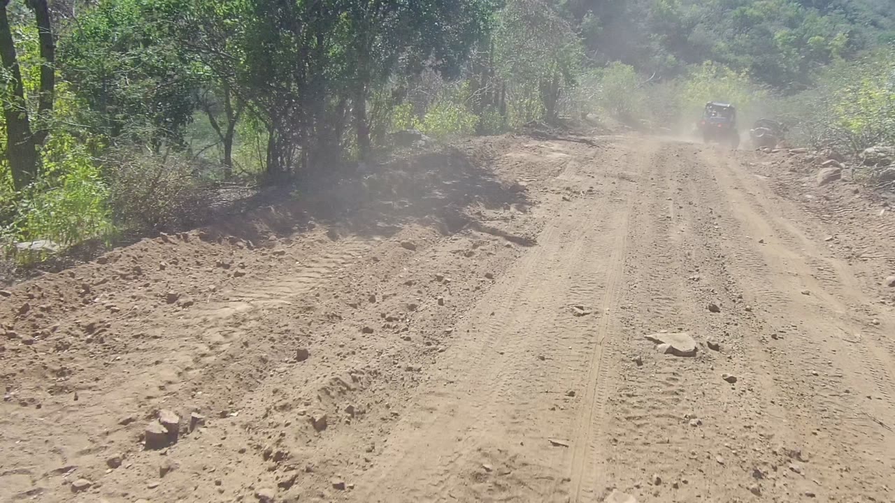 Rutted dirt road curves through brush with dust around a distant vehicle.
