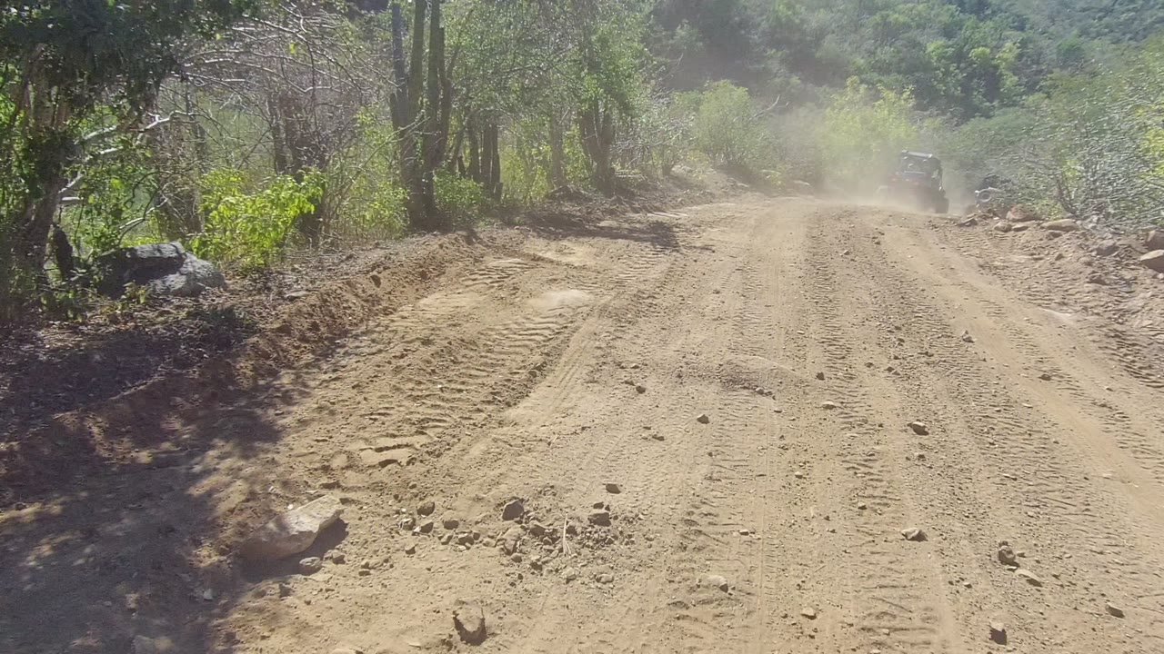 Dry dirt road in Los Cabos, Baja California Sur, Mexico, with the vehicle near the right edge, dust haze over the track, rocks, trees, and no visible people.