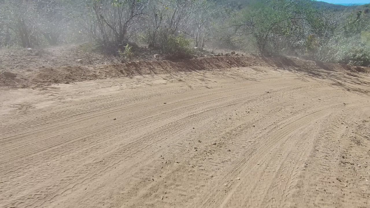 The dirt road curves across a dry Los Cabos landscape, with rutted sand in the foreground, low brush along the edge, hills beyond, and no visible people.