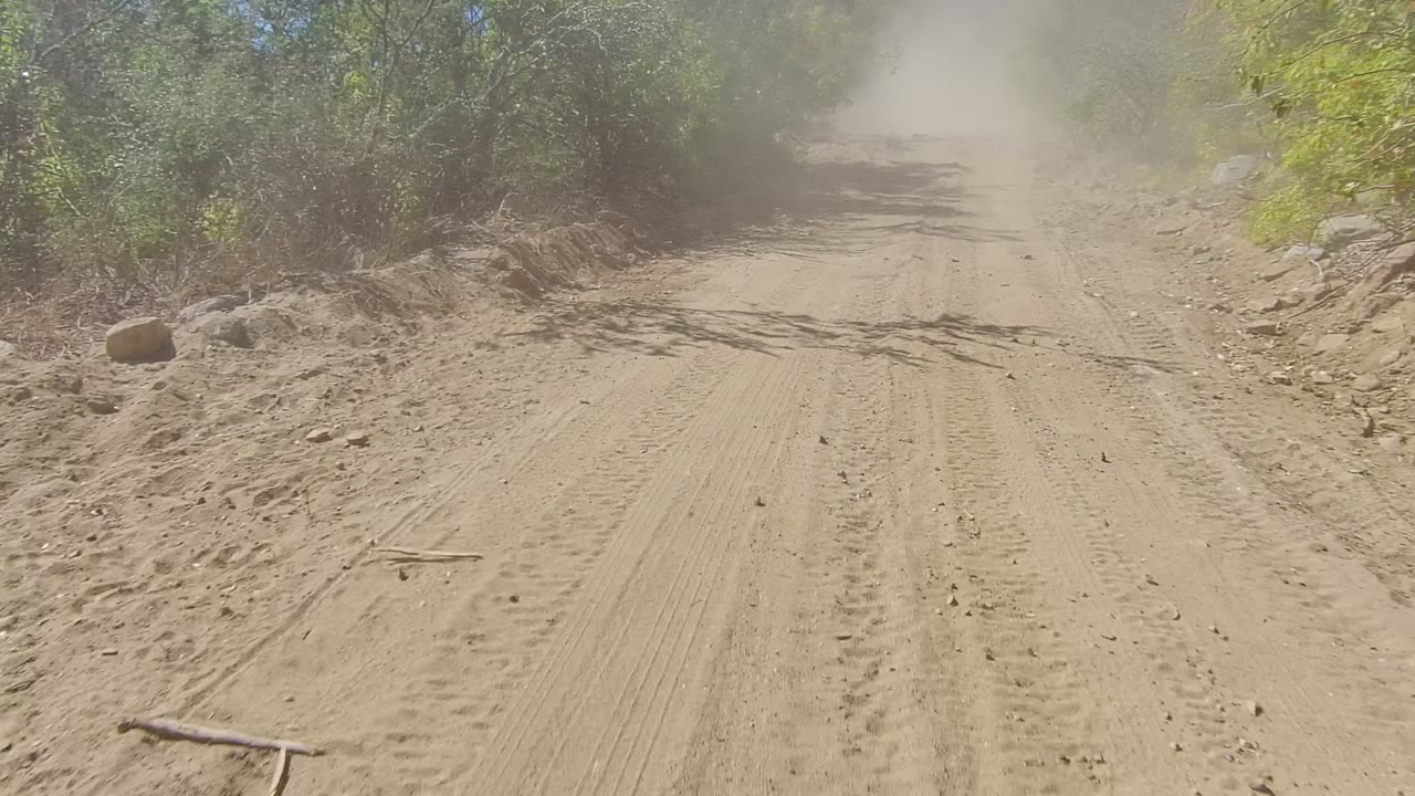 Sandy dirt road in Los Cabos, Baja California Sur with tire tracks, roadside brush, bright sun, and a dust cloud ahead, with no visible people.