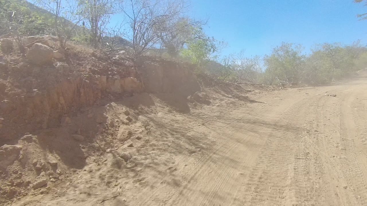 A sandy dirt road in Los Cabos, Baja California Sur curves past an eroded bank with dry brush, low mountains, bright sky, and no visible people.