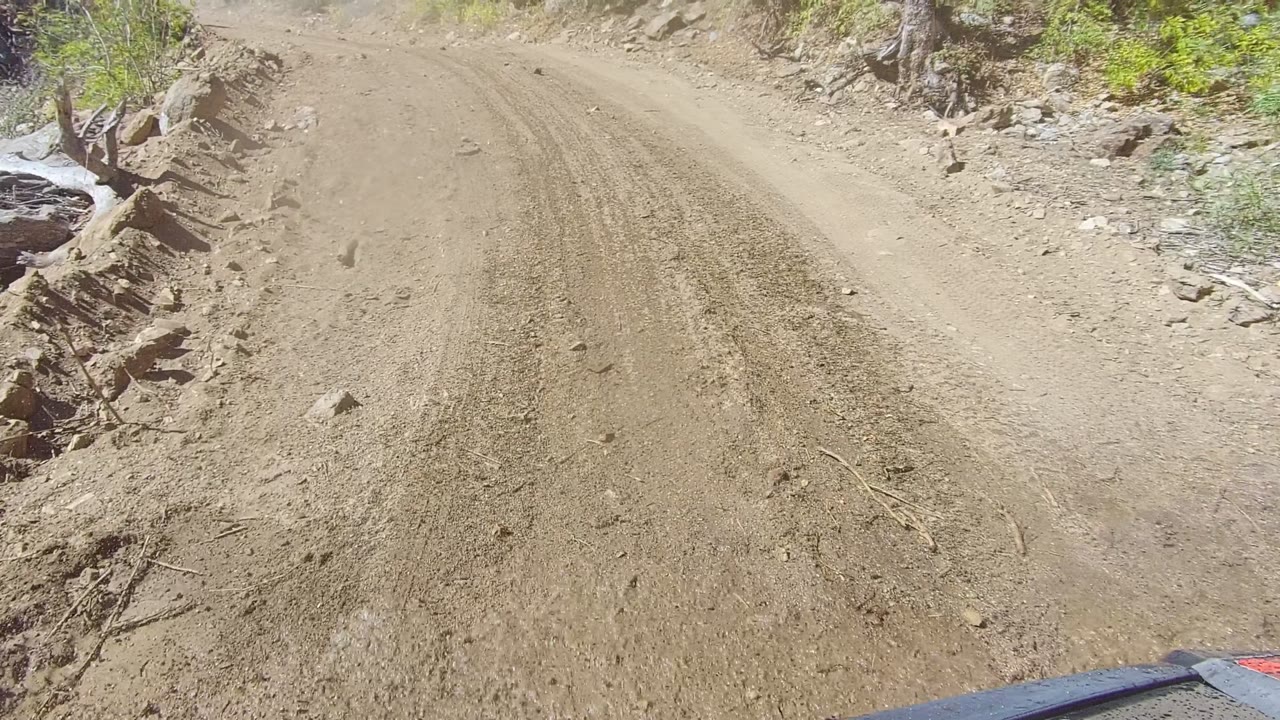 A dusty dirt road in Los Cabos curves uphill between rocky edges and green brush, with tire tracks in the sandy surface and no visible people.
