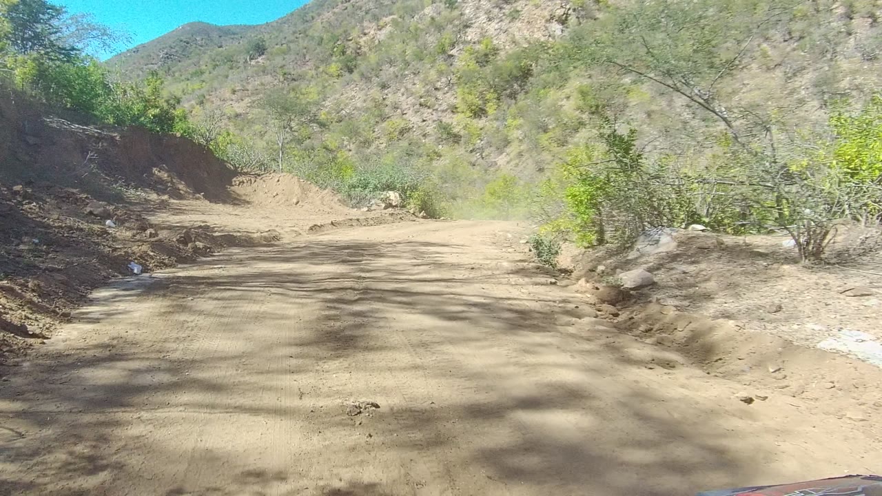 A rutted tan dirt road continues through shrubs and scrub-covered hills in Los Cabos, Baja California Sur, with no visible people.