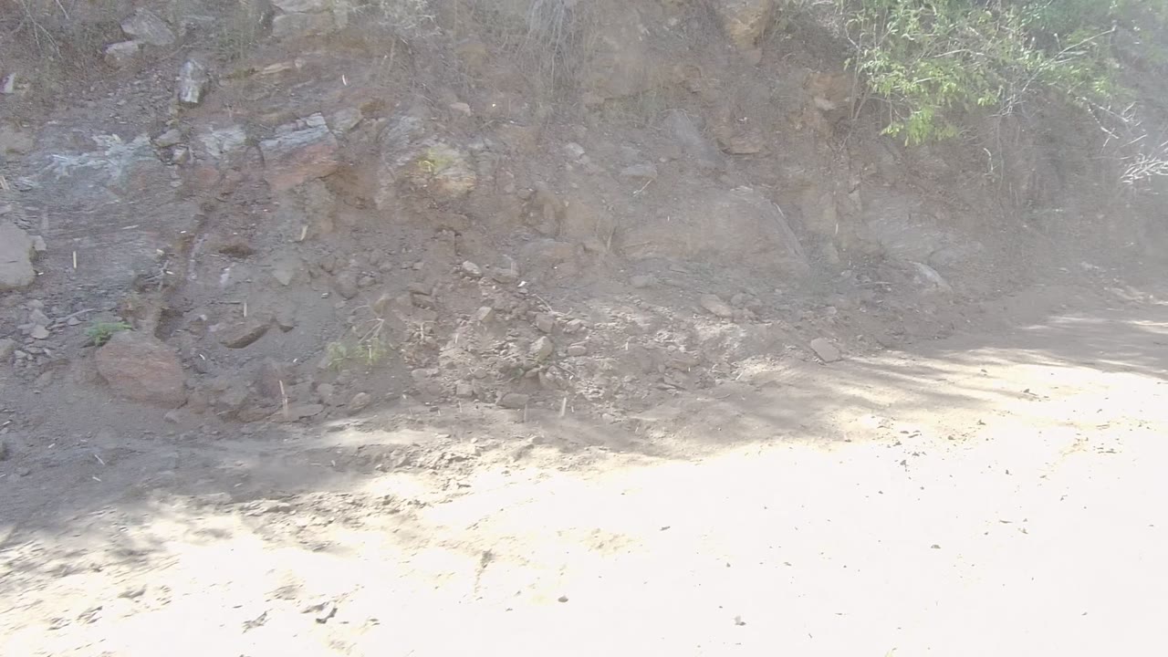 Dusty dirt road in Los Cabos, Baja California Sur running past a rocky cut bank and green bushes in bright sun, with no visible people.