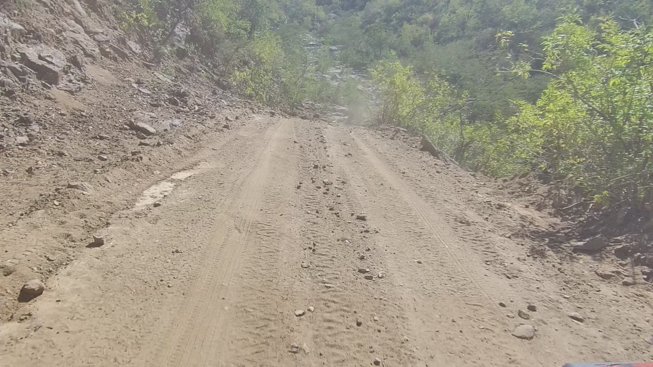 Dusty unpaved road in Los Cabos, Baja California Sur, descends between rocky banks with green brush at the edges and no visible people.