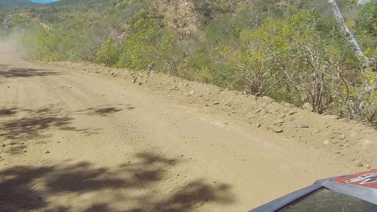 A dusty dirt road in Los Cabos, Baja California Sur curves past green brush and rocky hills under bright sun, with no visible people.