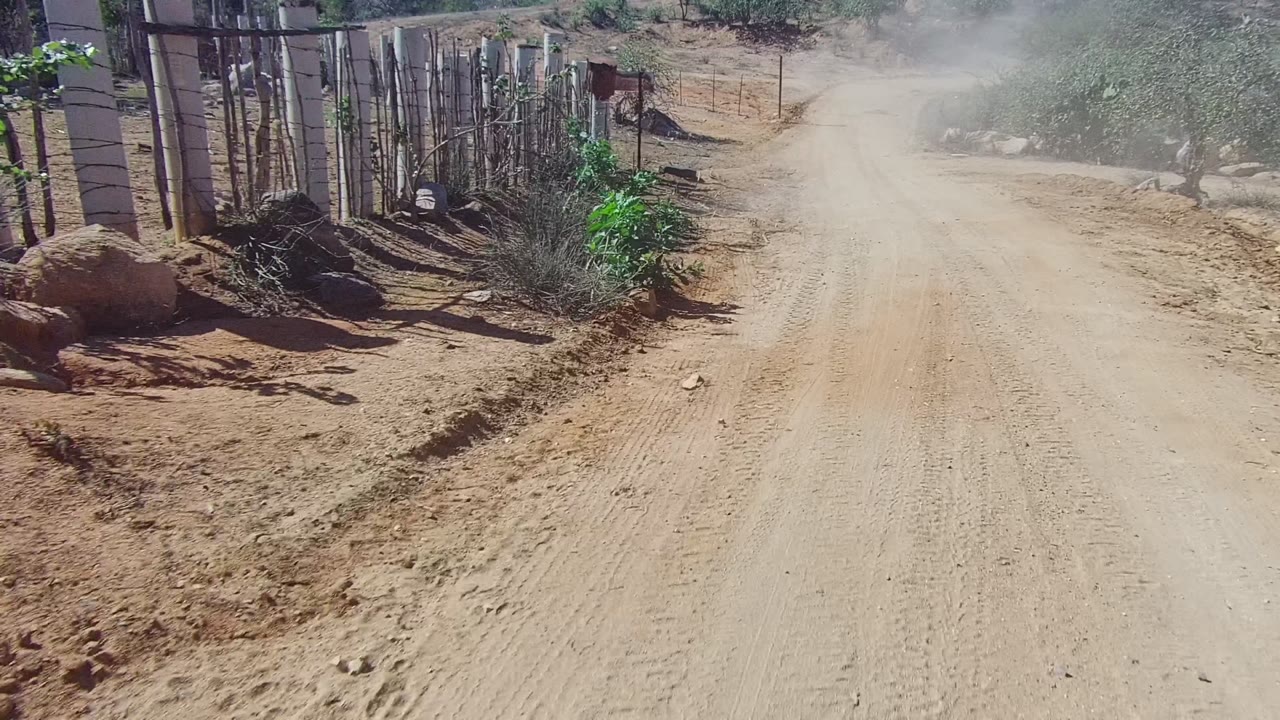 Forward view of a dusty rural dirt road in Los Cabos, Baja California Sur, with fence posts, dry shrubs, rocks, and no visible people.