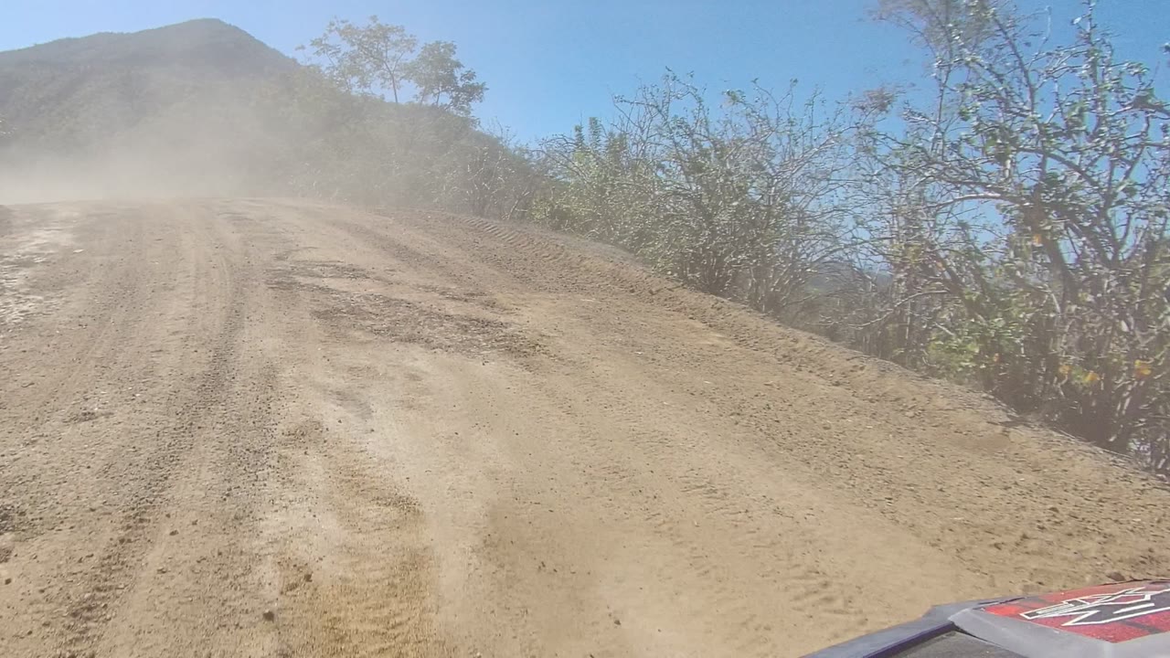 Rutted dirt road bordered by scrub with dust ahead on the bend.