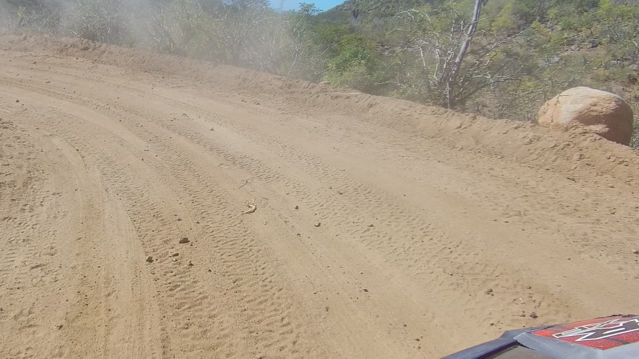 Vehicle-level view of a dusty unpaved road in Los Cabos, Baja California Sur, curving past a large rock with scrub trees and no visible people.