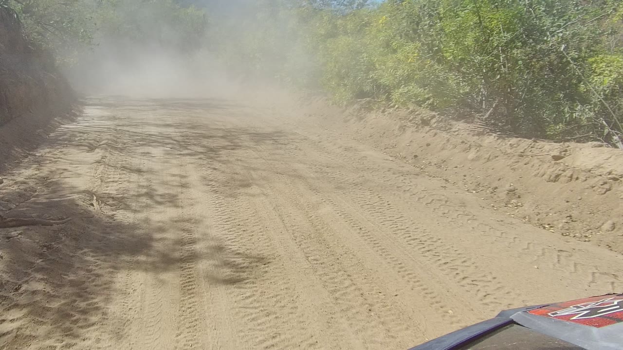 The Los Cabos road continues through green roadside vegetation as dust drifts across the lane and part of the vehicle body appears at the lower right, with no visible people.