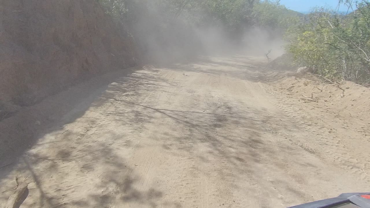 A dusty dirt road in Los Cabos, Baja California Sur runs between dry shrubs and steep sandy banks, with tan dust softening the background and no visible people.