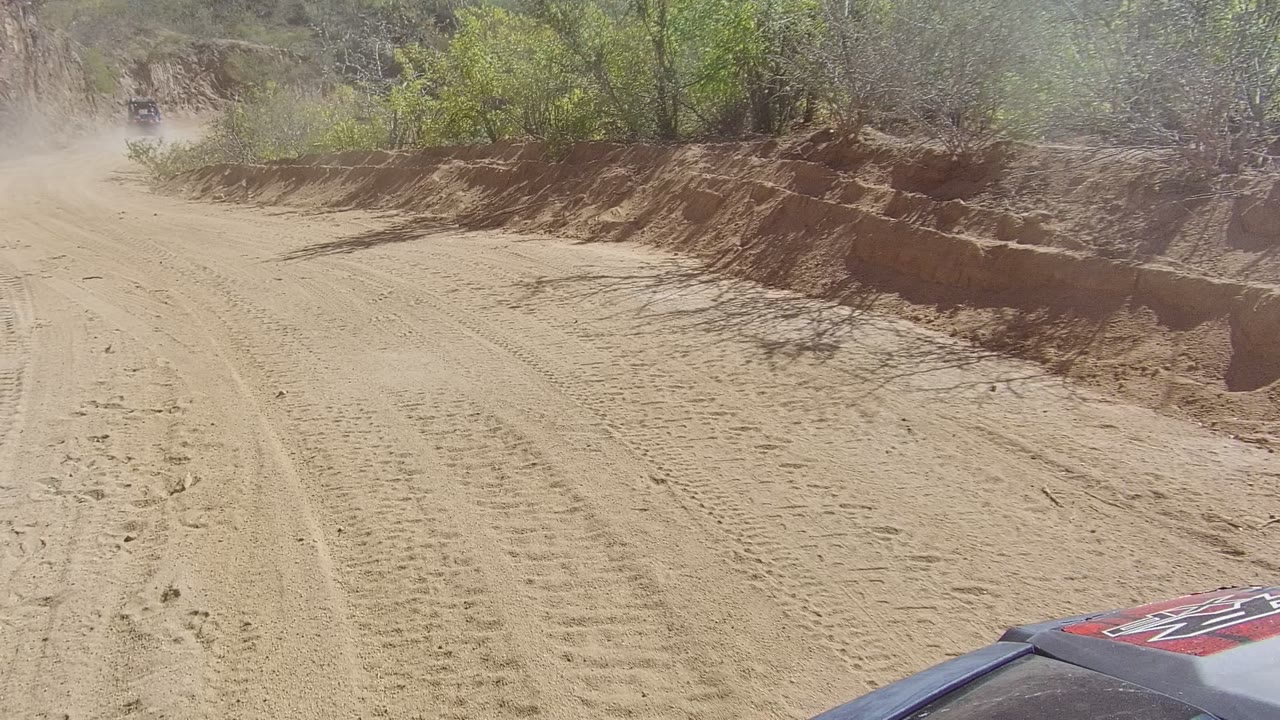 The road continues between sandy raised edges in Los Cabos, with tire marks across the pale surface, dust softening the background, and no visible people.