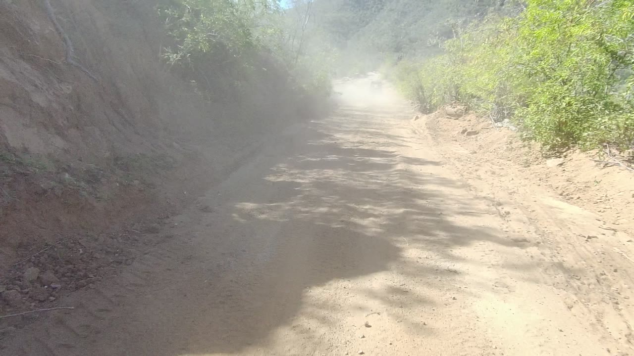 A dusty dirt road in Los Cabos curves ahead between rocky banks and green roadside brush, with a light dust cloud hanging in the sun and no visible people.