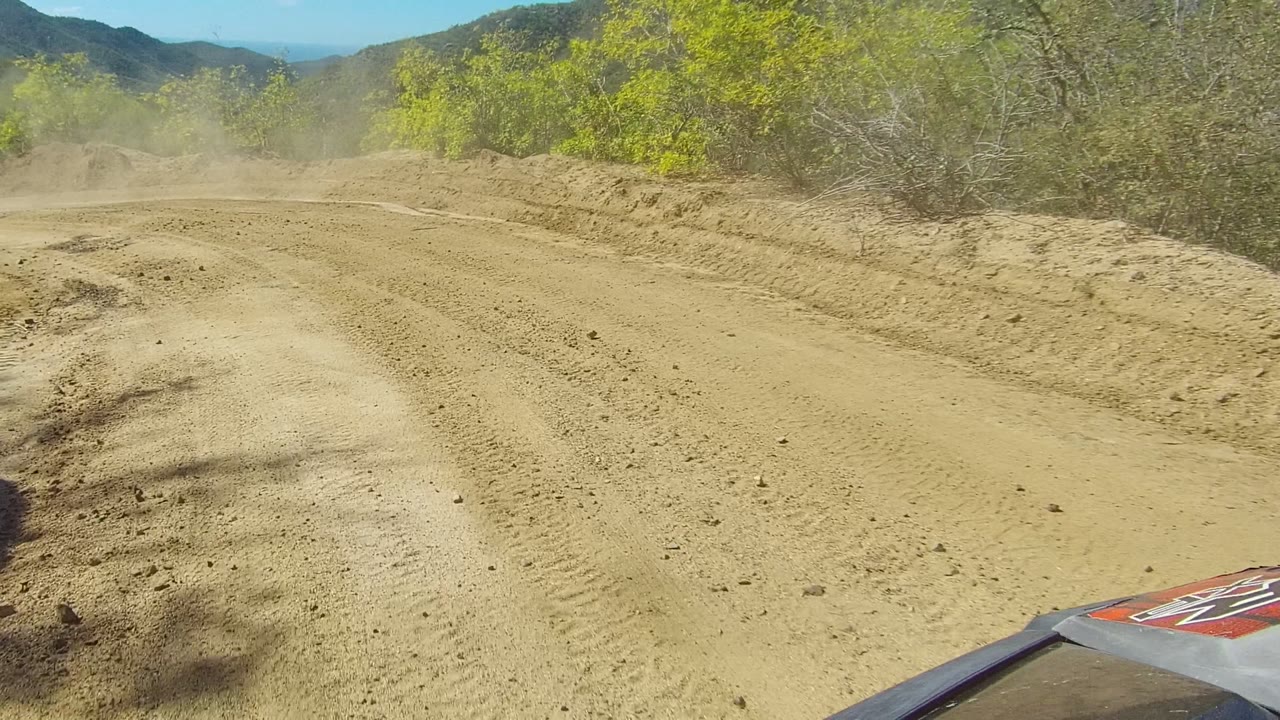 Vehicle-perspective view of a sandy dirt road in Los Cabos, Baja California Sur, with tire tracks, green roadside brush, distant mountains, a partial hood edge, and no visible people.