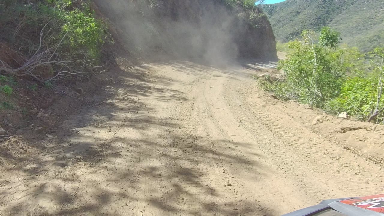 A dusty dirt road in Los Cabos curves left beside scrub vegetation and a rocky hillside, with tree shadows across the track and no visible people.