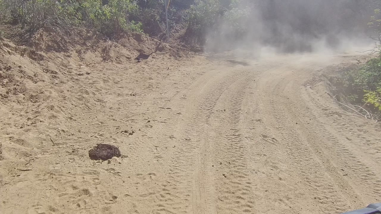Sandy unpaved road in Los Cabos, Baja California Sur with tire tracks, scrub vegetation, and a dust cloud hanging ahead, with no visible people.