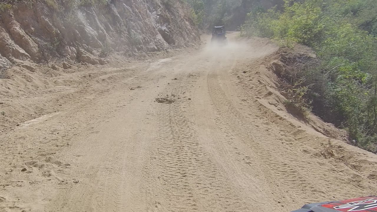 Unpaved road with dust rising behind a distant vehicle