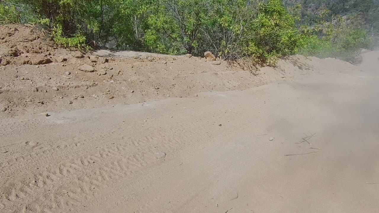 A sandy dirt road in Los Cabos, Baja California Sur runs between green shrubs and rocky slopes, with dust drifting across the empty track and no visible people.