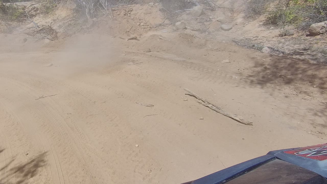 Vehicle hood edge beside tire tracks on dirt road
