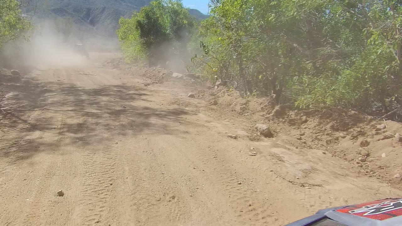 Sandy dirt road in Los Cabos with tire tracks, roadside shrubs, drifting dust ahead, distant hills, and no visible people.