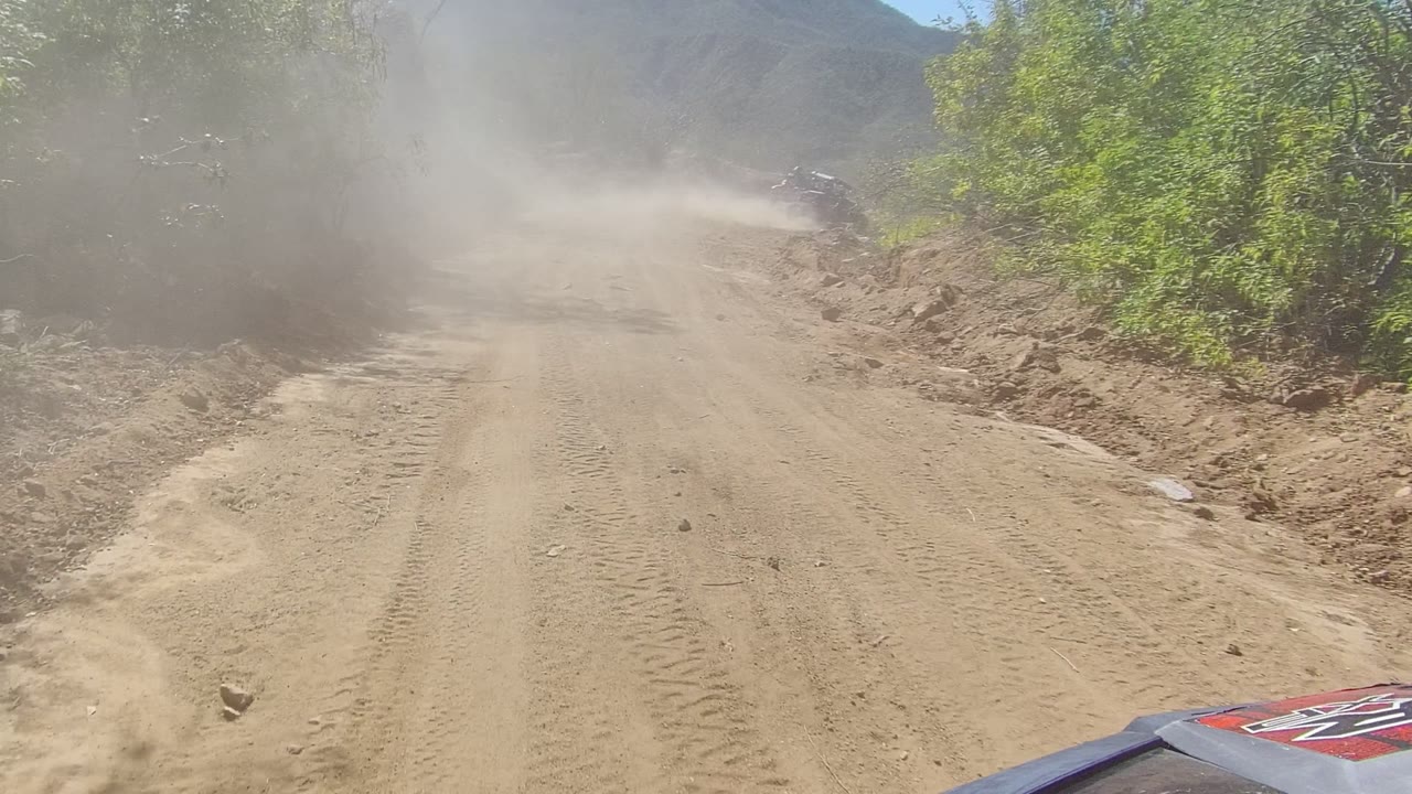 The Los Cabos dirt road curves through green brush as dust drifts across the track, with sandy ruts, rocks, and no visible people.