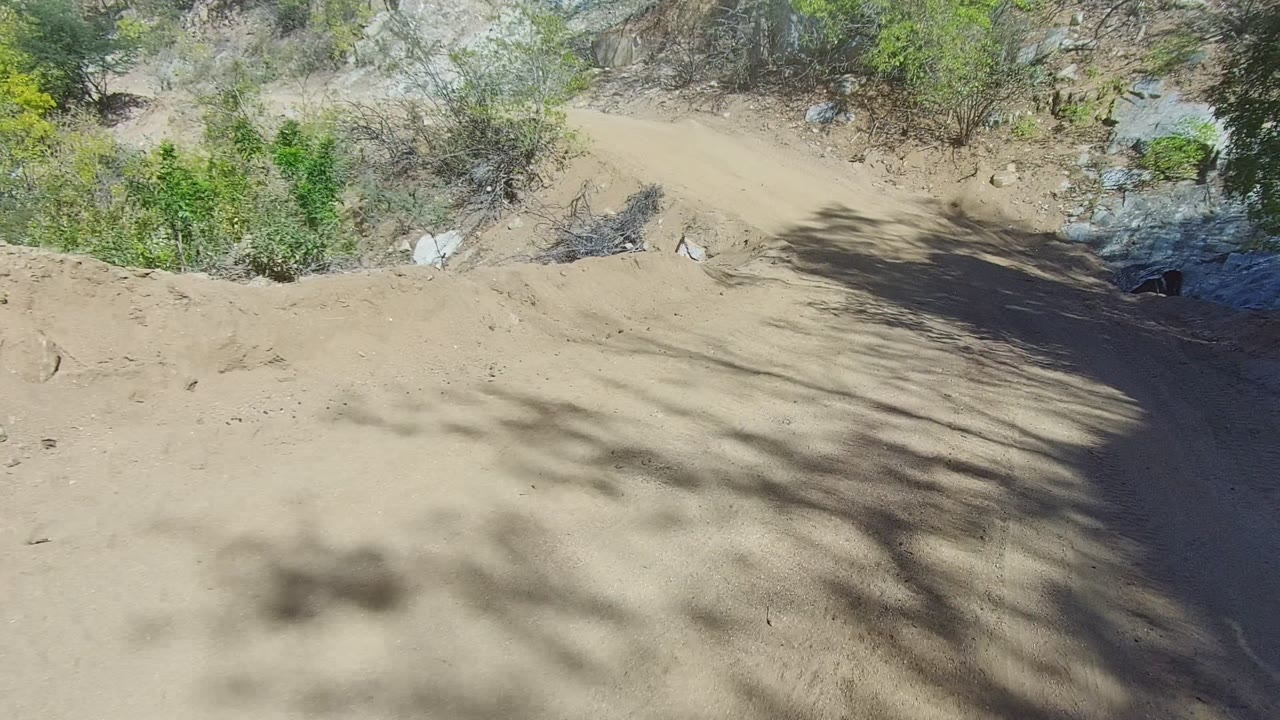 Dusty unpaved road in Los Cabos runs between scrub vegetation and pale rock outcrops under strong sun, with no visible people.