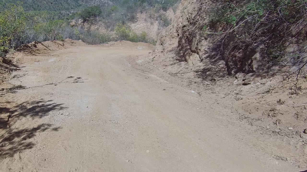 Winding dirt road between brush and eroded rock walls.