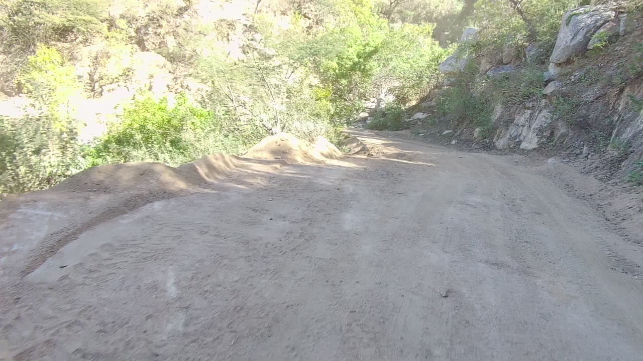 Sandy road bend with green brush and rocks