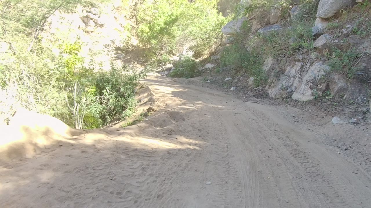 A narrow dirt track runs along a rocky slope with scrub trees and pale dust in Los Cabos, Mexico, while the frame remains empty of people.