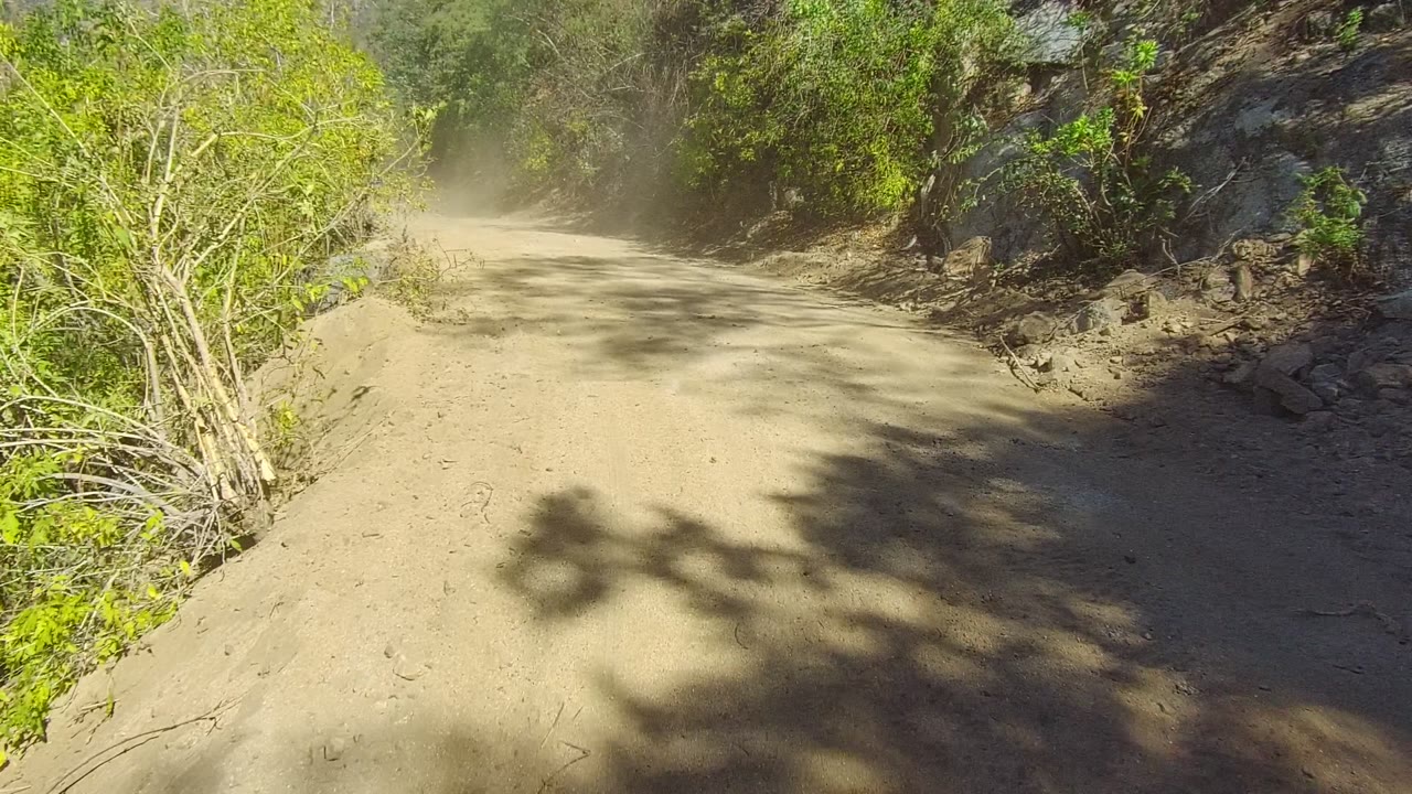 A sunlit Los Cabos dirt track runs between pale roadside brush and a dark rock wall, with dust visible ahead and no visible people.