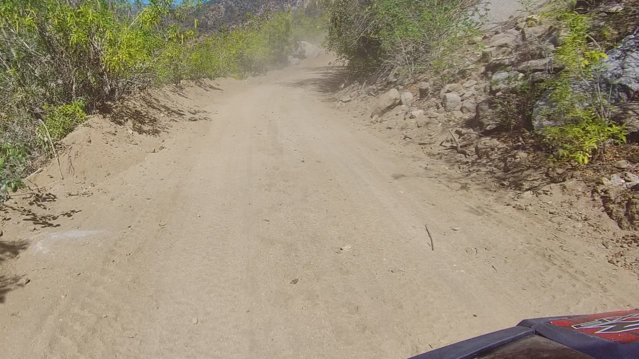 Mid-drive frame in Los Cabos showing a narrow sandy road bending past rocky banks and green roadside shrubs, with a light dust plume ahead and no visible people.