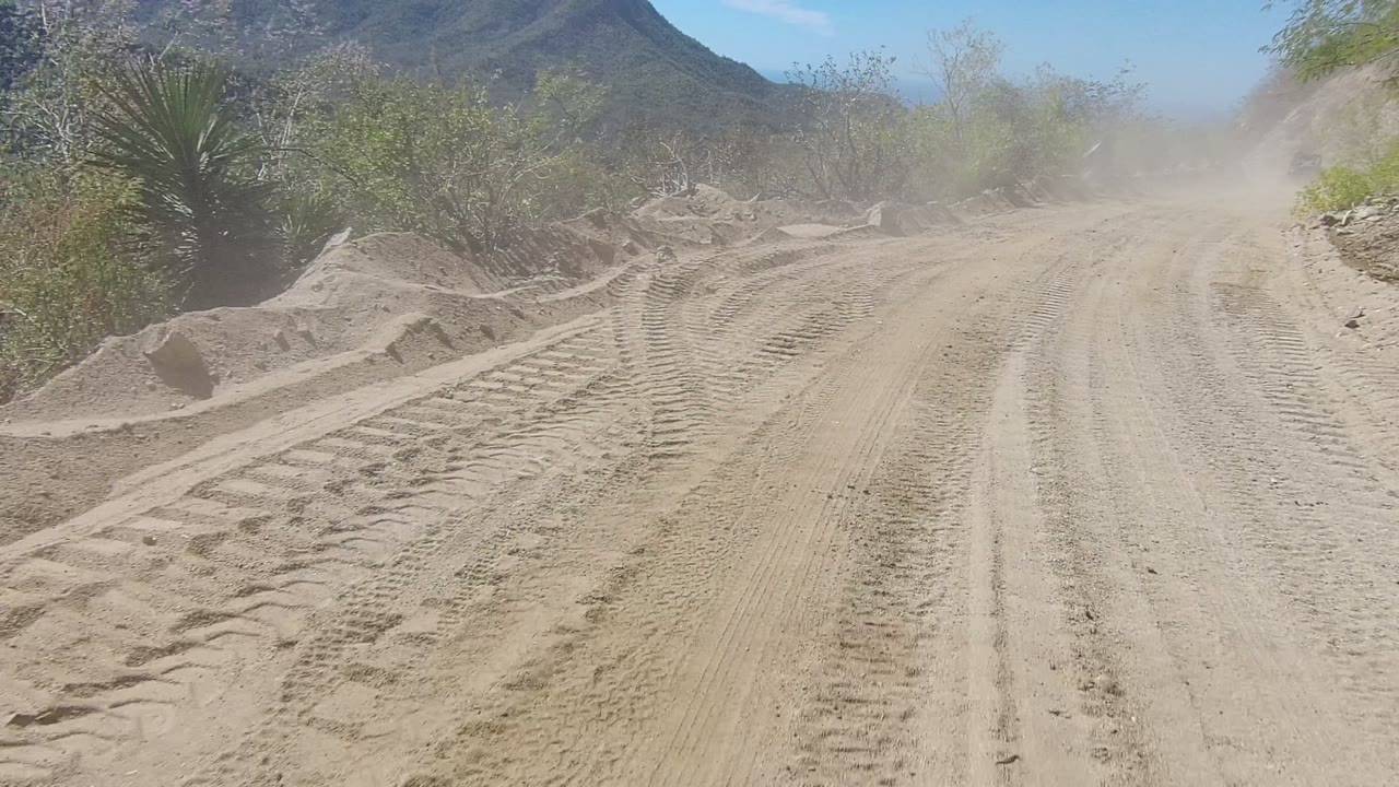 Dusty dirt road in Los Cabos, Baja California Sur with tire tracks in the sandy foreground, scrub along both sides, mountains in back, and no visible people.