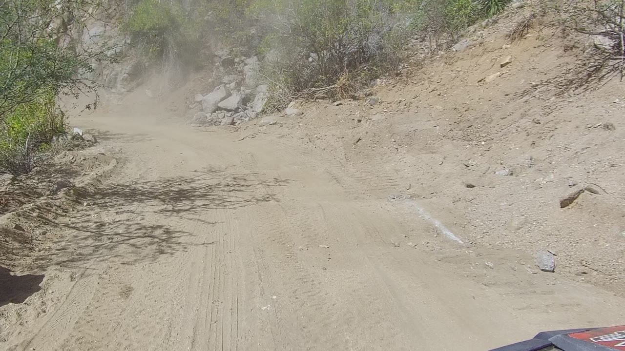 Curving unpaved road bordered by dry brush and rocky ground.