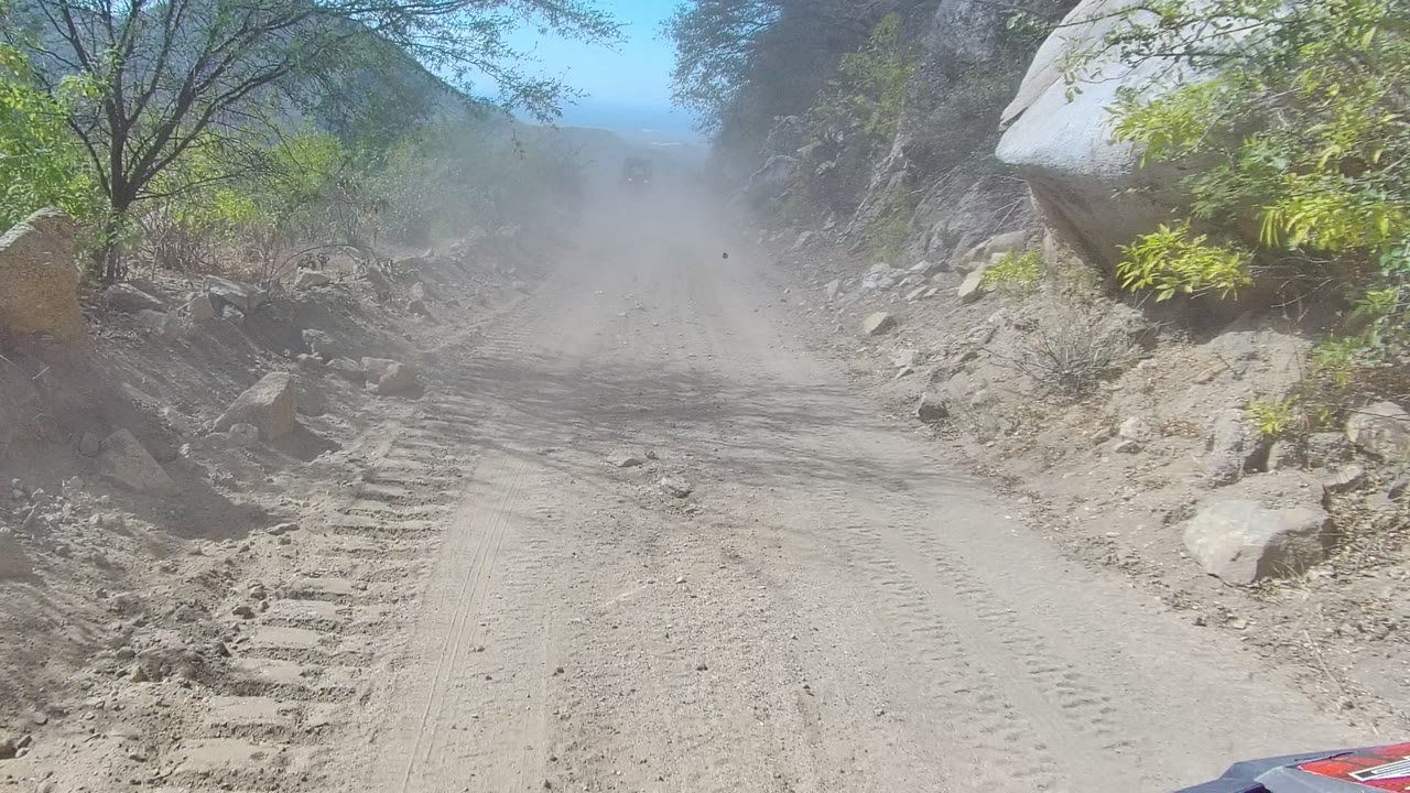 A dusty dirt road in Los Cabos, Baja California Sur curves between rocks and scrub vegetation, with tire tracks in the foreground and no visible people.