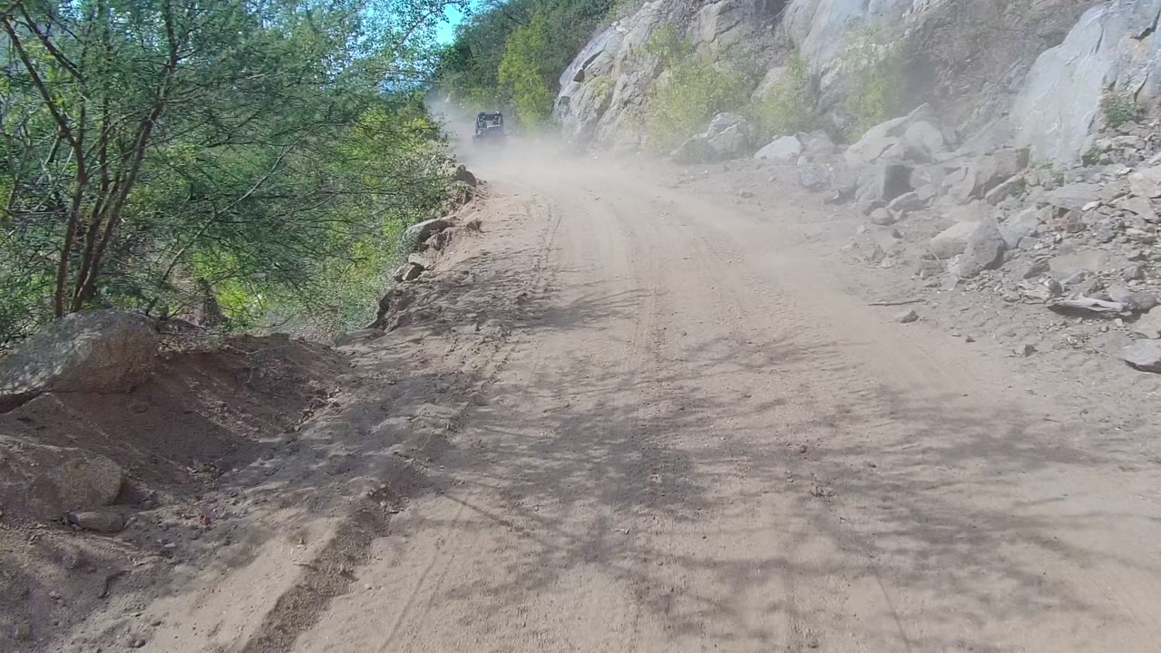 Los Cabos dirt road bordered by rocks and green brush, with tire tracks leading toward a dust cloud ahead and no visible people.