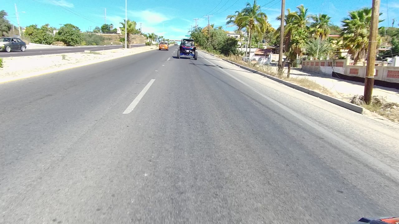 Forward road view in Los Cabos, Baja California Sur, Mexico, showing a paved lane, vehicles ahead, palm trees, roadside shrubs, utility poles, and no visible people.