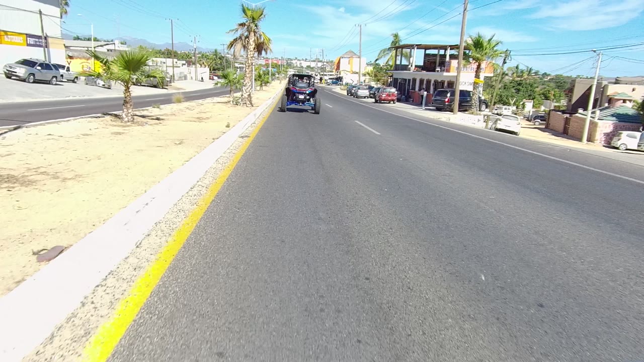 A forward road view in Los Cabos shows the golf cart ahead, a palm tree near the sandy curb, parked cars by low buildings, overhead wires, and no visible people.