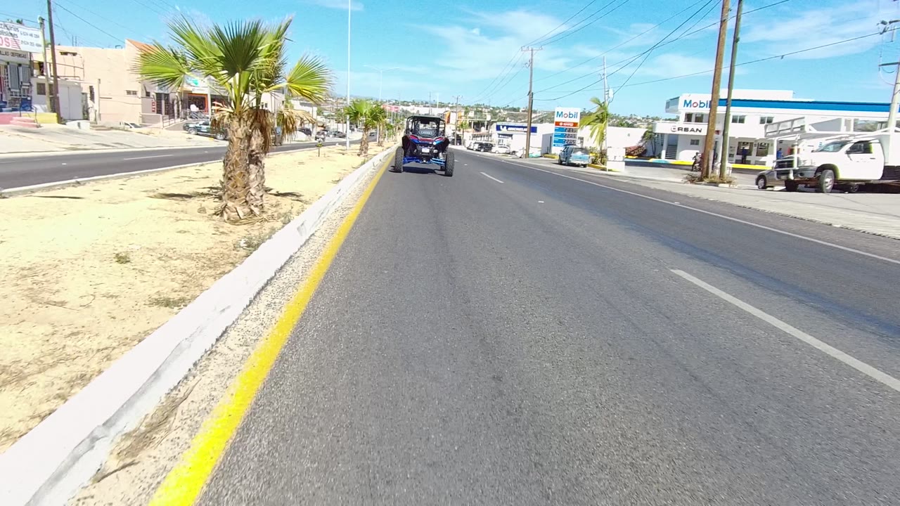 Road view passing palm trees, a dark vehicle ahead, a gas station, and roadside businesses.