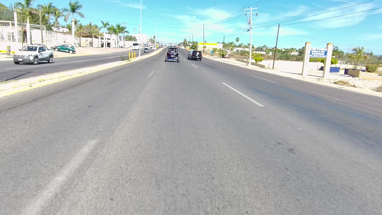 Cars ahead on a divided road with roadside palms, buildings, and yellow bollards