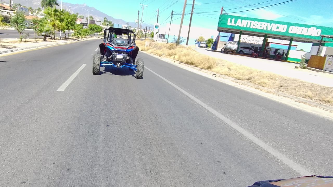 Blue dune buggy driving past a large green roadside business sign.