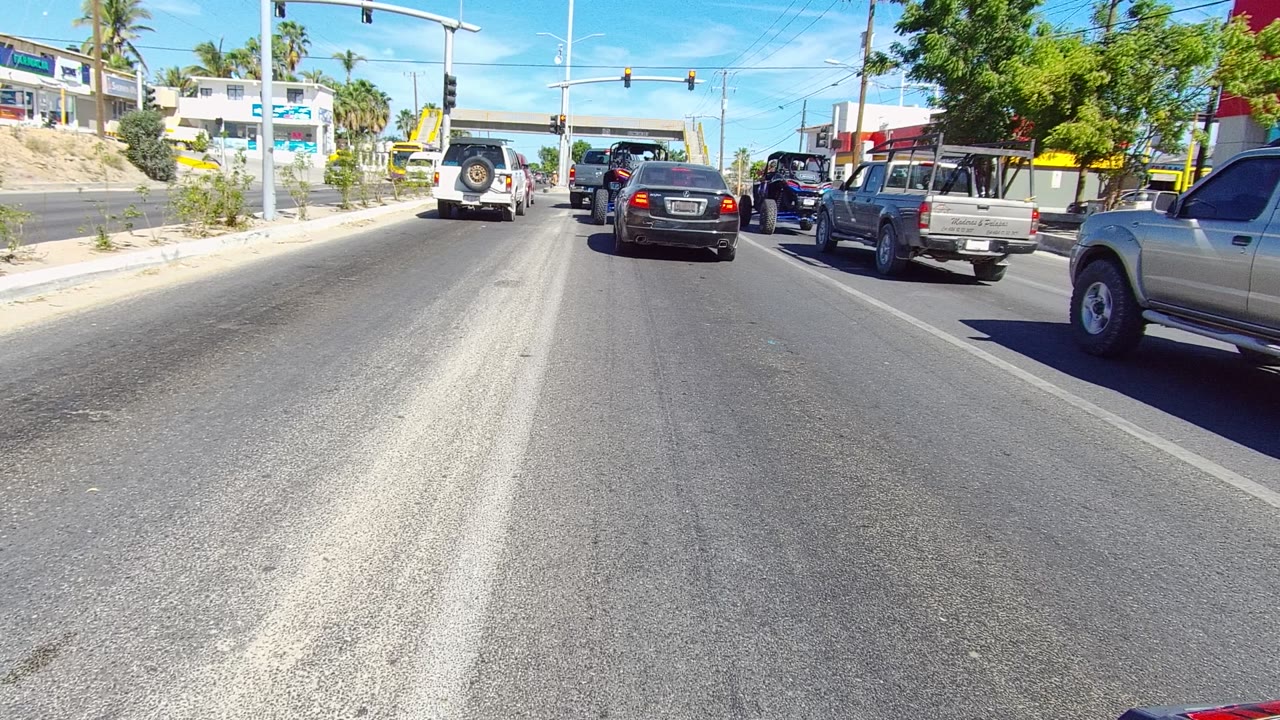 Cars stopped on a sunny multi-lane road at traffic lights.