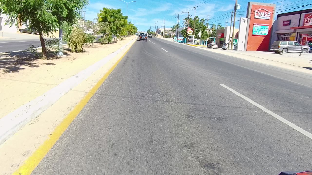 Road-level view passing storefronts and trees under a clear blue sky.