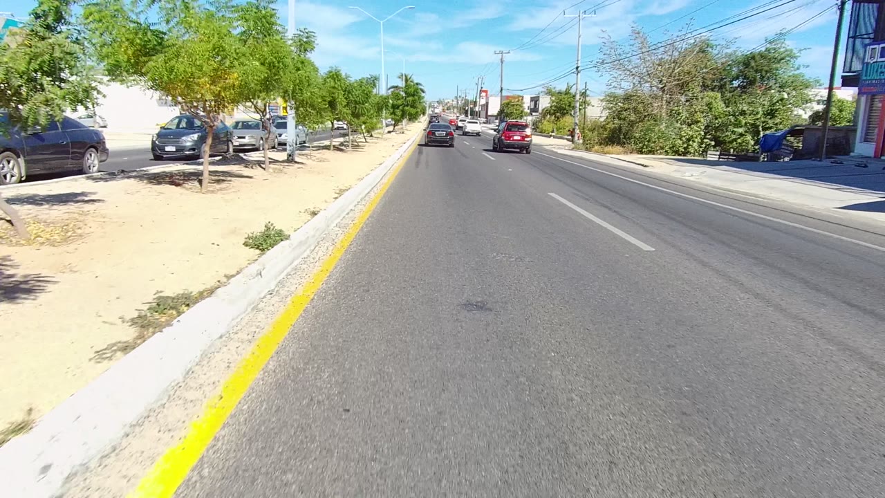Sunny multi-lane road with cars ahead and a yellow curb at left.