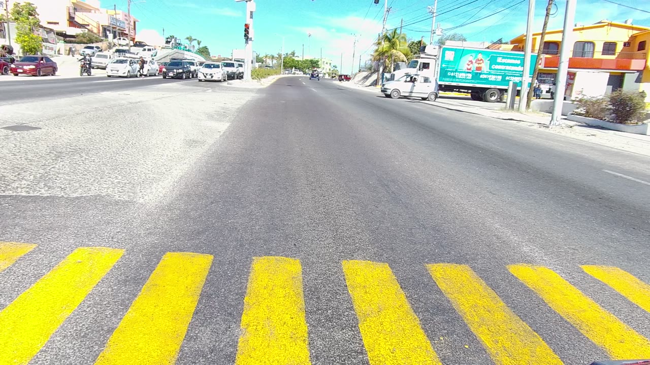 Bright Los Cabos road scene with a green box truck on the right, cars waiting or crossing in the background, and yellow crosswalk bars in the foreground, no visible people.