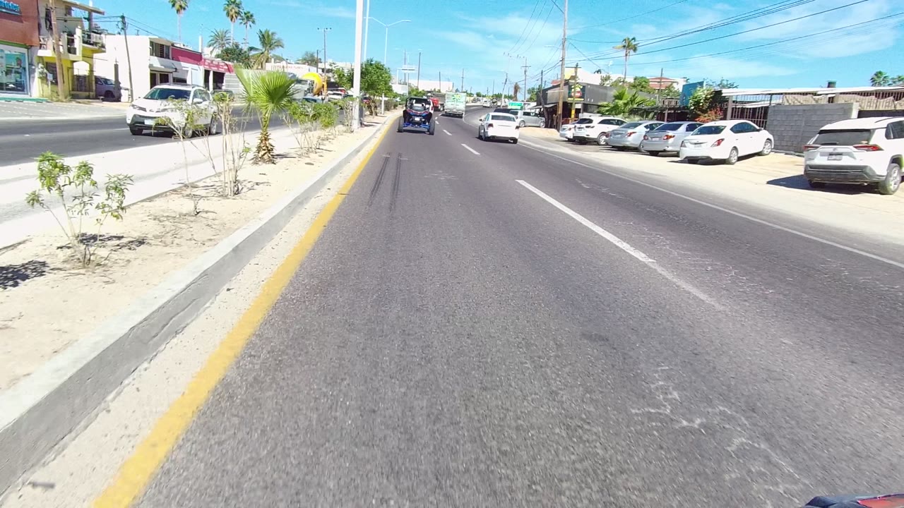 Road-level forward view in Los Cabos, Baja California Sur, with a yellow-edged planted median, parked cars, low buildings, utility lines, palm trees, and no visible people.