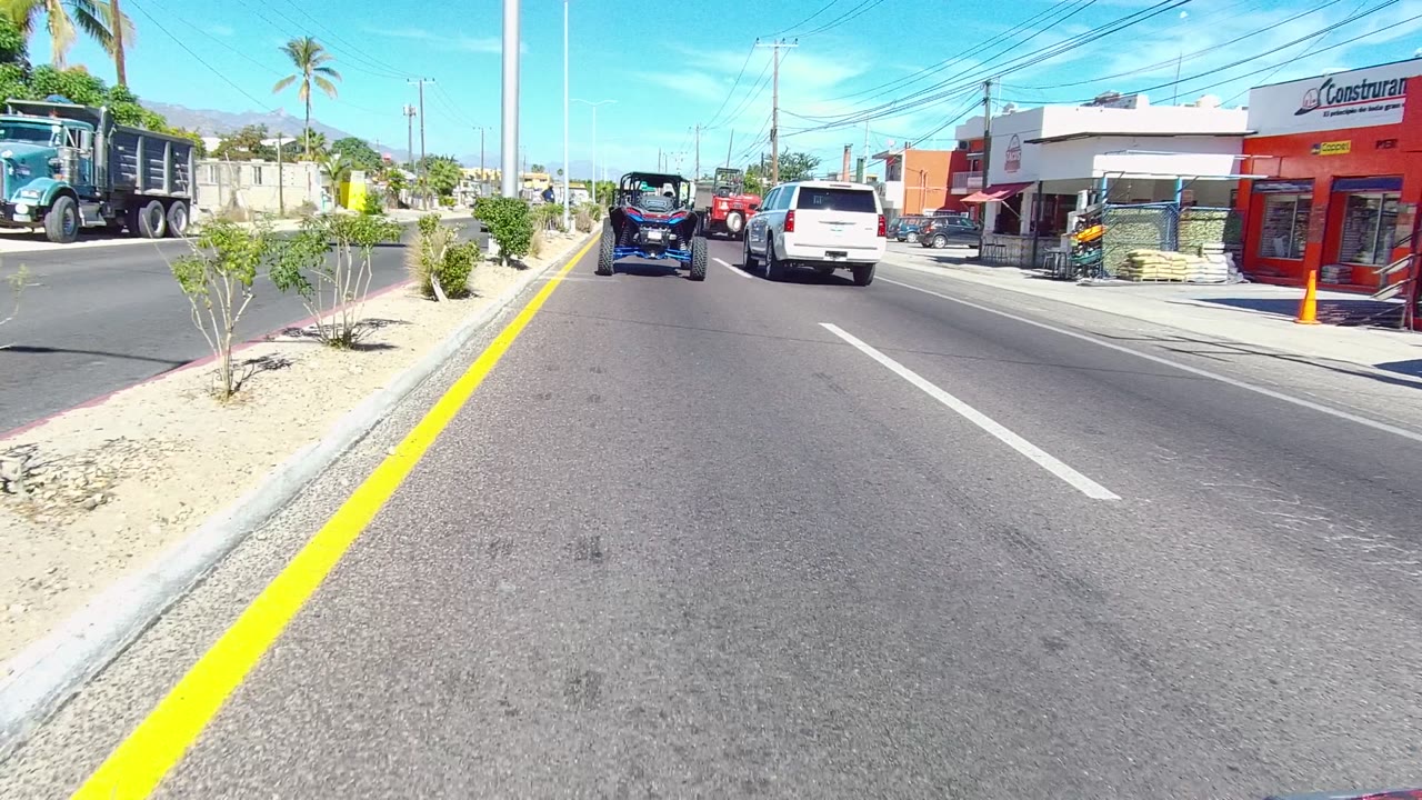 Traffic passes low storefronts on a bright road with desert planting.