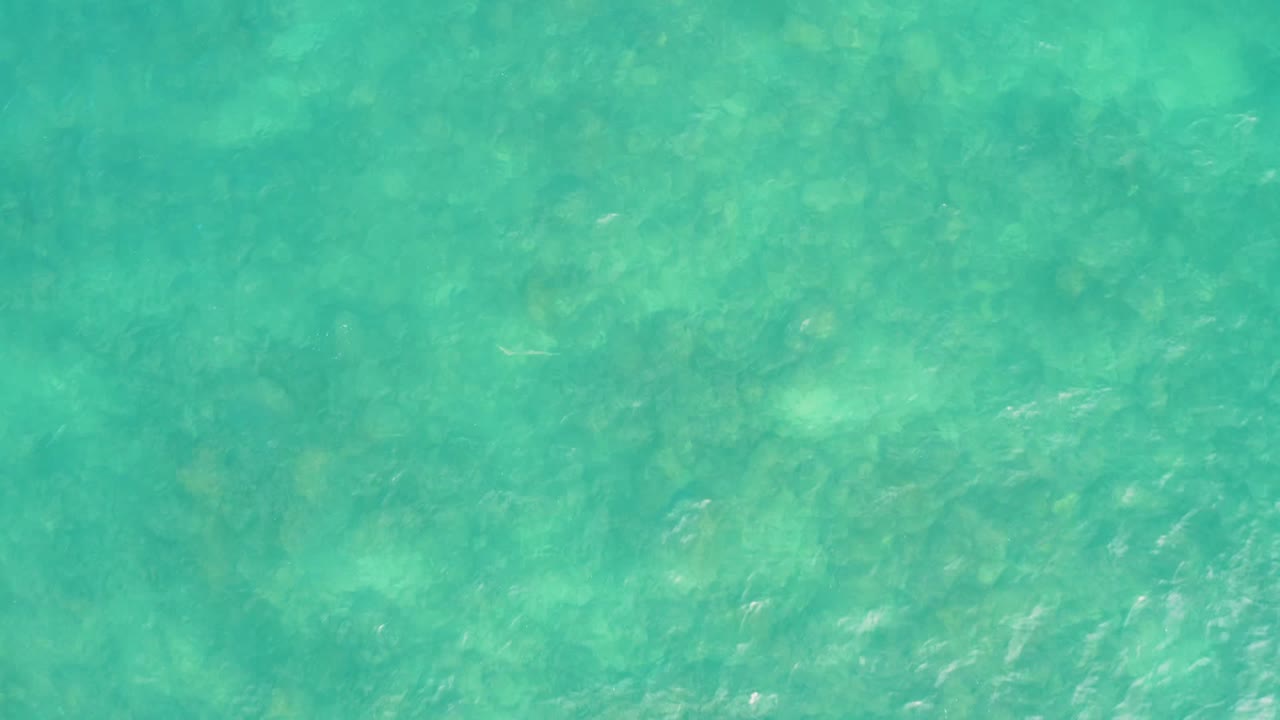 Overhead view of clear turquoise water at El Tule Los Cabos with pale seabed patches, darker submerged features, and no visible people.