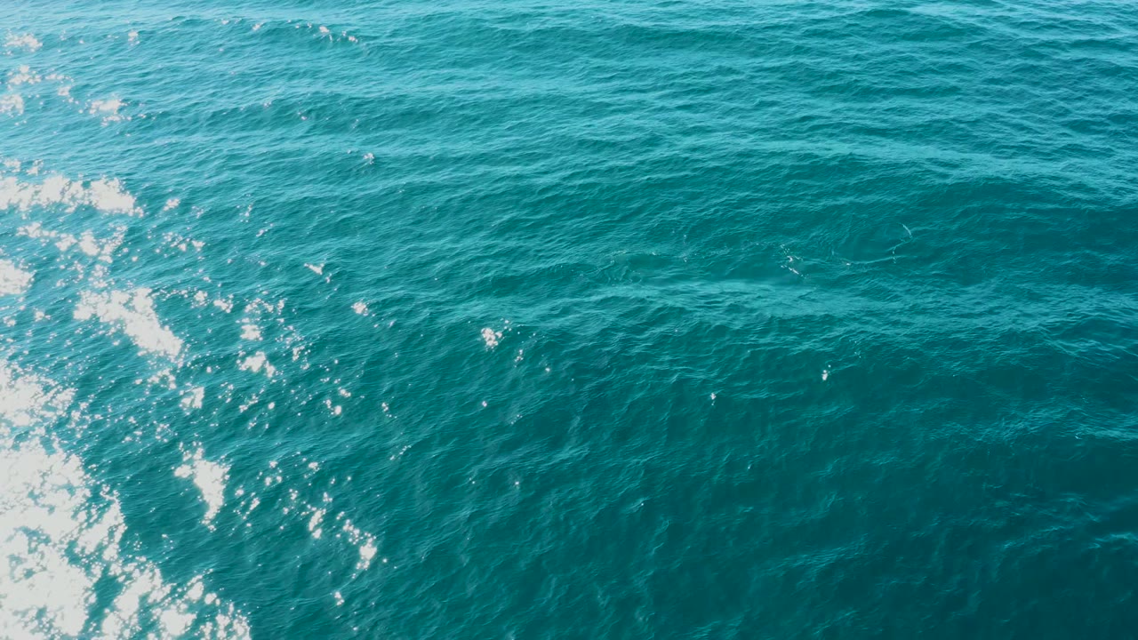 Turquoise ocean water at El Tule Los Cabos with bright wake foam entering along the left edge, sun flecks on small ripples, and no visible people.